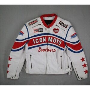 Icon Moto Leathers Motorcycle Jacket Mens XXL White Red Blue Cowhide Racing